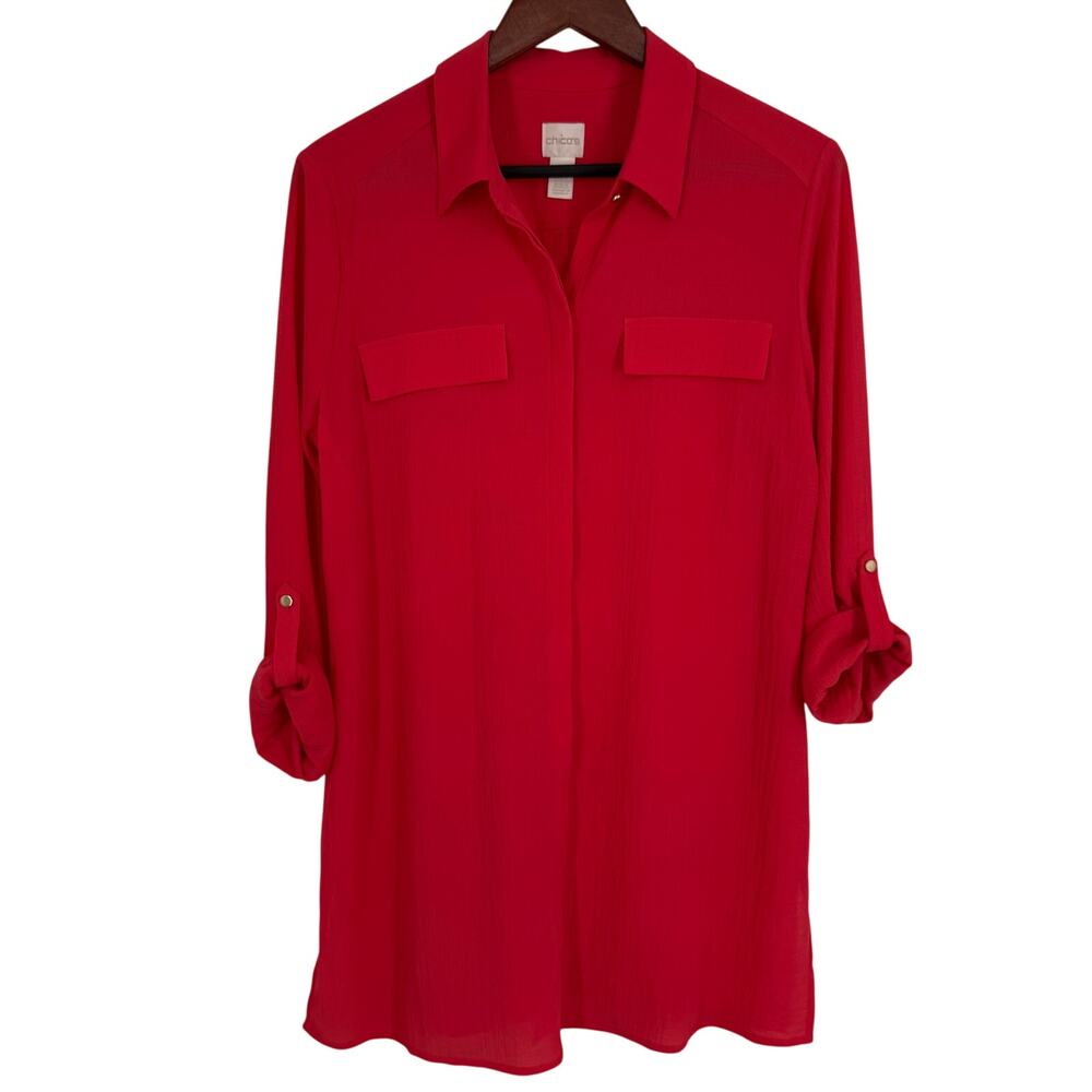 Chicos Sz MEDIUM 1 Coral Red Roll Sleeve Gauze Texture Blouse Shirt Top Tropical